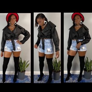 Waterfall Flounce Sleeve Belted Biker Jacket